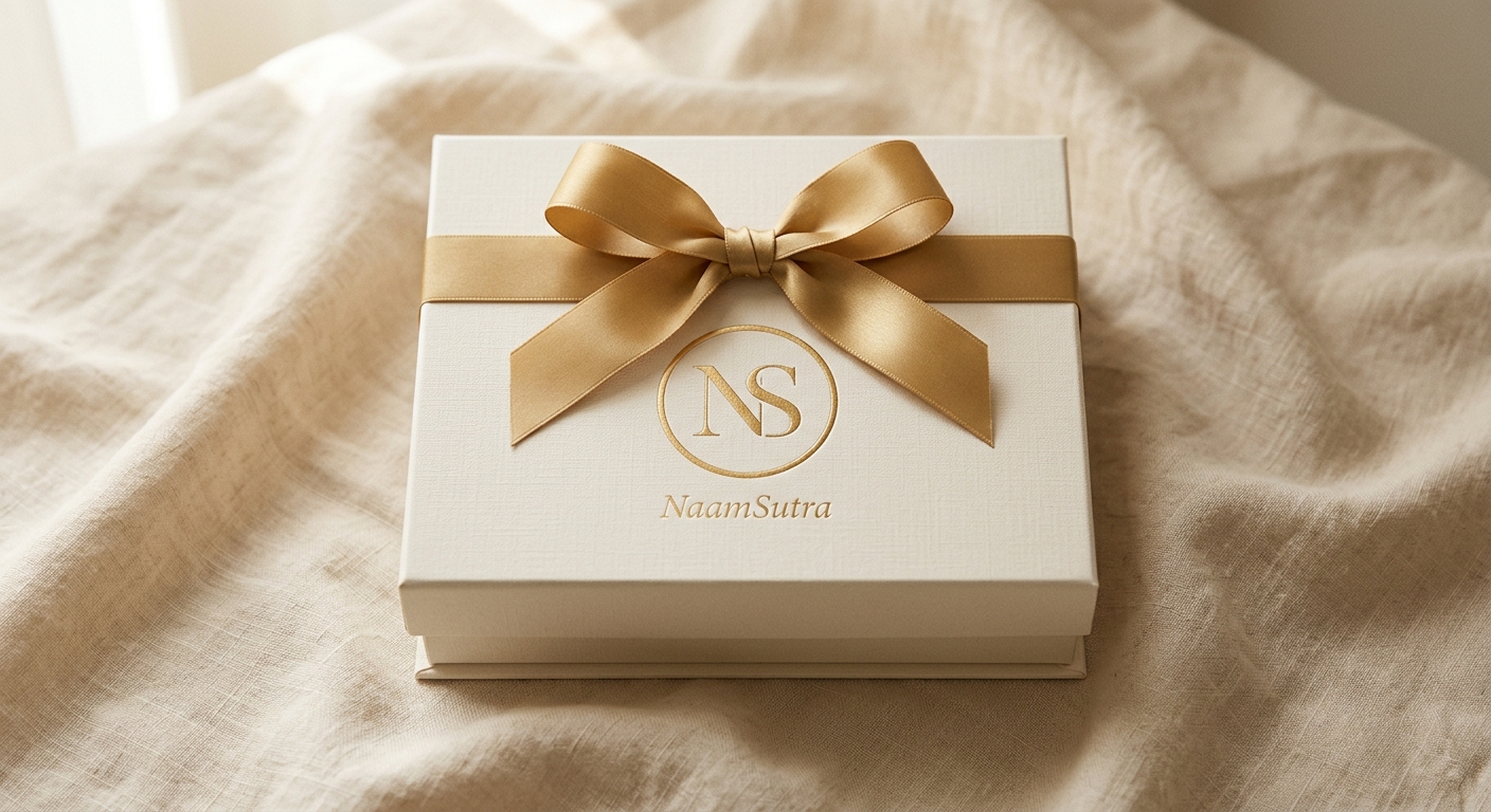 The Signature keepsake box, closed with a gold satin ribbon.